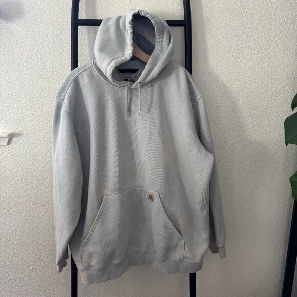Distressed Faded Blue Gray Loose Fit Carhartt Hoodie Size 2XL - Picture 2 of 8